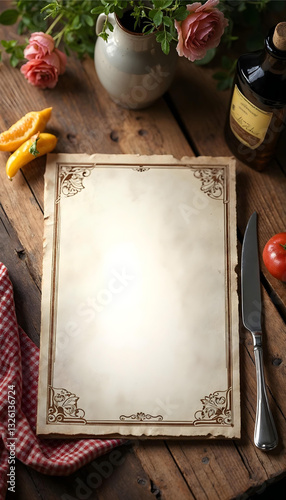 Obraz na płótnie Menu italian mockup top view with rustic wooden table, pitcher with roses w salonie