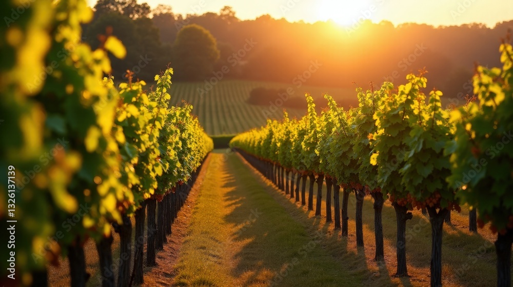 Naklejka premium A lush vineyard in early autumn, endless rows of grapevines glowing in golden sunlight, leaves turning warm shades of red and orange. A rich, scenic countryside.