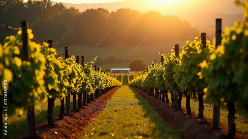 Naklejka premium A lush vineyard in early autumn, endless rows of grapevines glowing in golden sunlight, leaves turning warm shades of red and orange. A rich, scenic countryside.