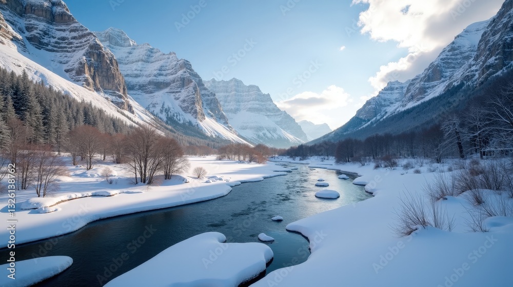 custom made wallpaper toronto digitalA peaceful mountain pass covered in fresh snow, a frozen river winding through the valley. Towering peaks rise above the serene landscape, bathed in soft winter light.
