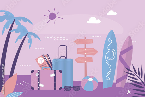 Time to traveling, planning a summer vacation, tourism and journey objects and passenger luggage. Summertime, travel concept banner.