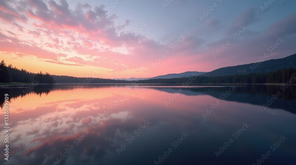 A tranquil lake at dawn, its mirror-like waters reflecting a delicate pink and orange sunrise. Mist drifts over the surface, creating a dreamlike, ethereal atmosphere. A tranquil lake at dawn, its mirror-like waters reflecting a delicate pink and orange sunrise. Mist drifts over the surface, creating a dreamlike, ethereal atmosphere.