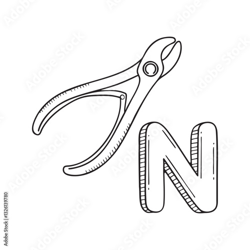 An Illustrations of Nipper beside a letter N