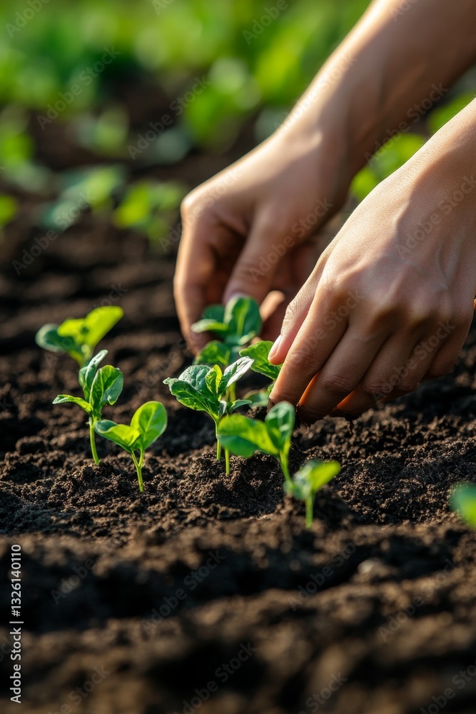 Hands carefully planting young green saplings in rich, plowed soil for a sustainable future Hands carefully planting young green saplings in rich, plowed soil for a sustainable future