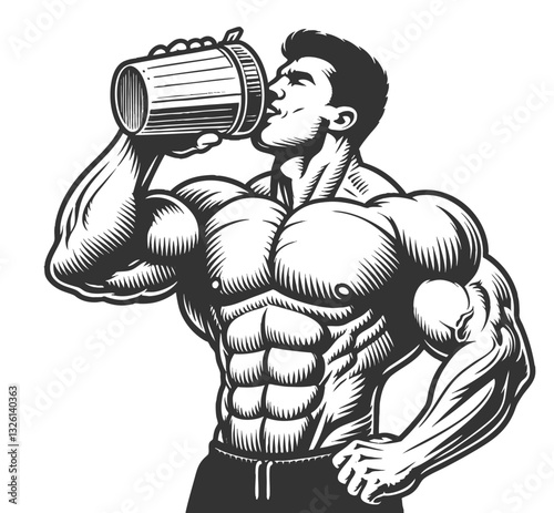 strong, muscular man drinking a protein shake, symbolizing fitness, nutrition, and bodybuilding dedication sketch engraving generative ai vector illustration. Scratch board. Black and white image.