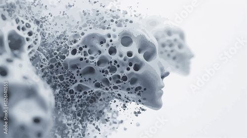 The image presents a close-up view of several abstract faces seemingly emerging from or composed of a mass of foam or bubbles. The faces are rendered in shades of gray, with a porous, textured