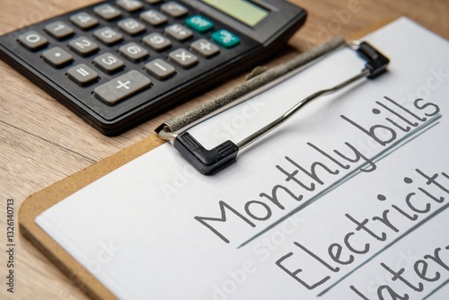 Calculator and a paper clipboard with a handwritten monthly bills list. Household budget planning and personal finance management concept.