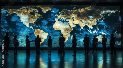 Wallpaper Mural International leaders exchange insights on business strategies against a world map backdrop in a modern conference setting Torontodigital.ca