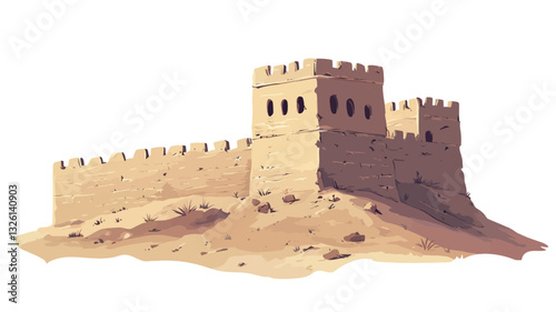An illustration depicting a desert fortress. The fortress is rendered in earth tones of beige and brown, with varying shades suggesting texture and depth.  It features high walls, multiple towers,