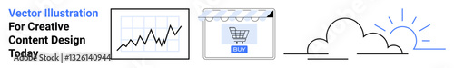 Rising graph, shopping cart storefront, and cloud with sunlight symbolize growth, innovation, and digital development. Ideal for business, e-commerce, finance, data analysis technology startups