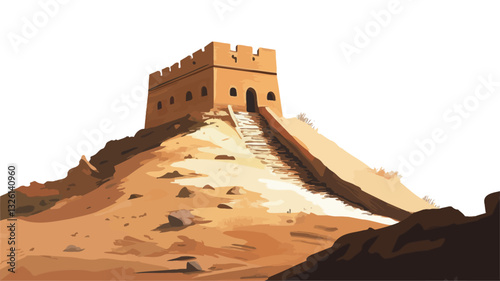 Digital painting or illustration of a desert watchtower situated atop a sandy hill. The watchtower is depicted in shades of brown and ochre, with a visible ramp leading up to its entrance. The