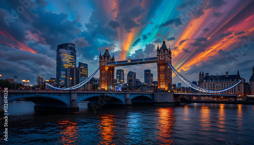Colorful London bridge at night.
