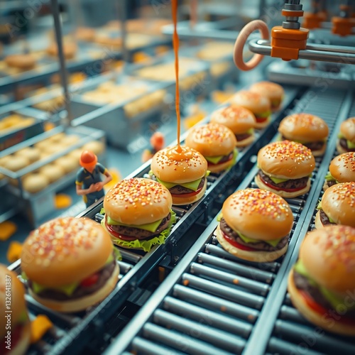 Burger production line automated food manufacturing in a modern factory setting