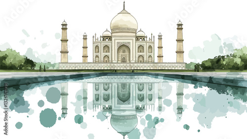 Watercolor-style illustration of the Taj Mahal in India. The image depicts a front view of the structure, reflected in a calm body of water.  The reflection is slightly stylized and softened, with