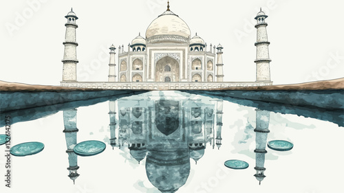 An illustration depicting the Taj Mahal reflected in a calm body of water. The image showcases the symmetrical structure of the building and its reflection, with several circular ripples or lily