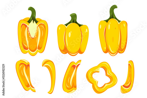 Set of bell peppers. Sweet, yellow pepper, paprika. Whole pepper, slices, wedges. Vector illustration on a white background.