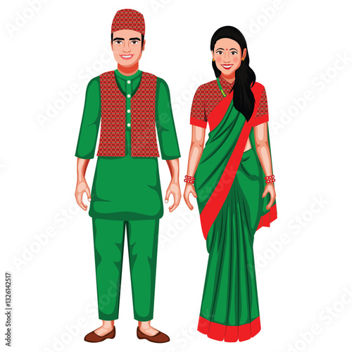 Nepali Couple in Traditional Cloth Cartoon Character Vector Illustration