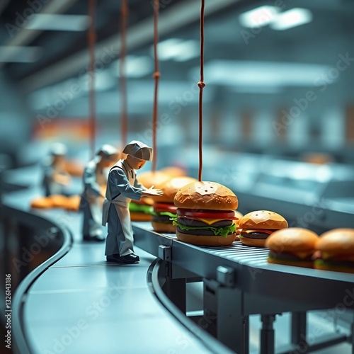 Captivating burger assembly line with miniature workers on factory setting