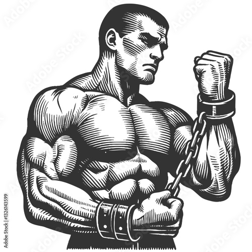 powerful muscular man in chains, symbolizing strength, struggle, and breaking free from limitations sketch engraving generative ai vector illustration. Scratch board imitation. Black and white image.