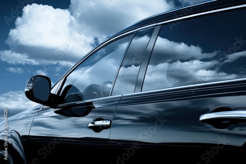 Luxury SUV parked under blue sky with fluffy clouds reflecting on sparkling windows Generative AI