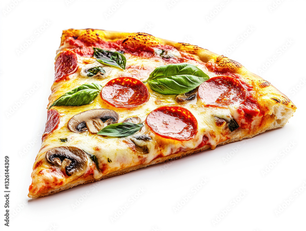 Delicious slice of pepperoni pizza topped with fresh basil leaves Delicious slice of pepperoni pizza topped with fresh basil leaves