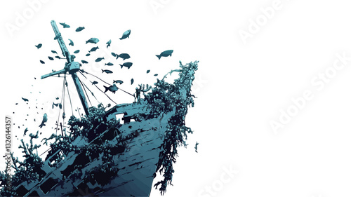 The image shows a detailed rendering of a sunken shipwreck against a stark white background.  The shipwreck is predominantly blue and appears partially covered in marine growth, suggesting a