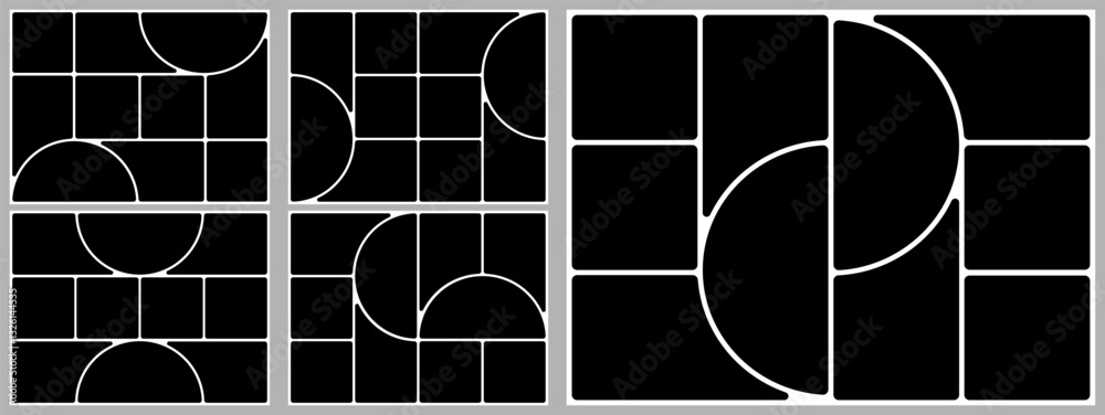 Grid template layout. Geometric shapes photo collage design. 4x3 bento moodboard background. Abstract poster montage board, Square circle box image gallery vector album. Rectangle banner slide page