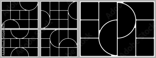 Grid template layout. Geometric shapes photo collage design. 4x3 bento moodboard background. Abstract poster montage board, Square circle box image gallery vector album. Rectangle banner slide page