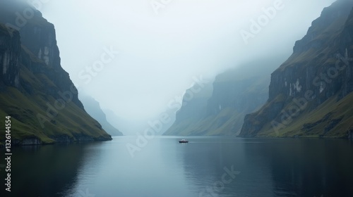 A serene fjord with towering mist-covered cliffs, their rugged faces reflecting in still waters. A small boat drifts peacefully, surrounded by the tranquil, mystical Nordic landscape.
