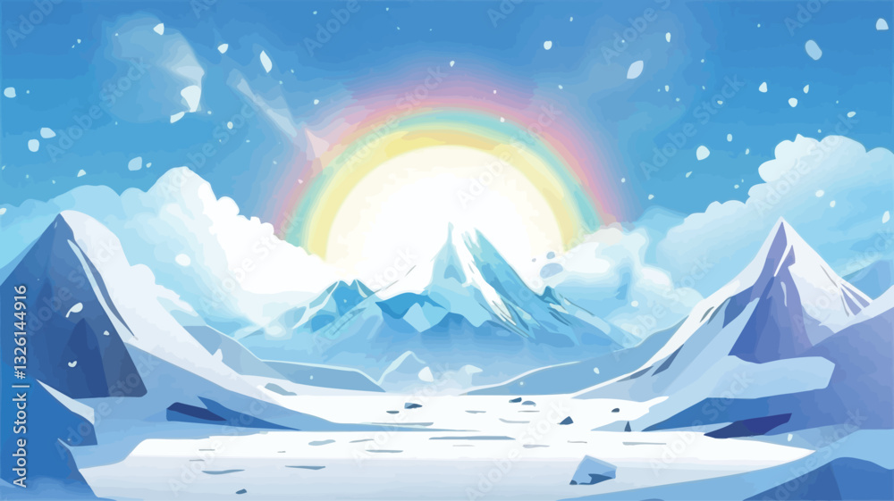 Obraz premium Digital illustration depicting a stylized winter landscape. The scene features a range of snow-covered mountains in the background, with a flat snowy foreground. The sky is a bright, light blue