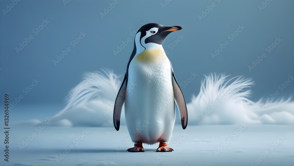 Obraz premium A solitary, adult Adelie penguin standing upright on its feet, with a distinctive white eye patch and a yellow-orange beak, set against a soft, gradient blue background 
