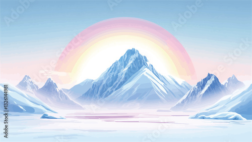 Digital illustration depicting a snow-covered mountain range under a pastel-colored sky. A large, stylized rainbow-like halo encircles a prominent central peak. The overall style is minimalist and