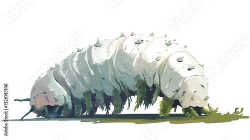 Digital illustration of a large, white caterpillar with a segmented body.  The caterpillar is depicted on the ground, consuming vegetation. Its body is textured and appears soft. The background is