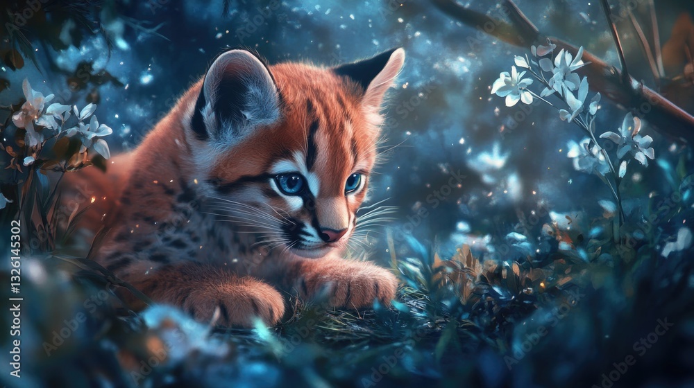 Obraz premium A small feline kitten lays among the nature surroundings and flowers