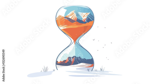 The image is a stylized illustration of an hourglass.  The upper bulb contains a depiction of a desert landscape in warm orange tones, while the lower bulb shows a snowy mountain range in cool blue
