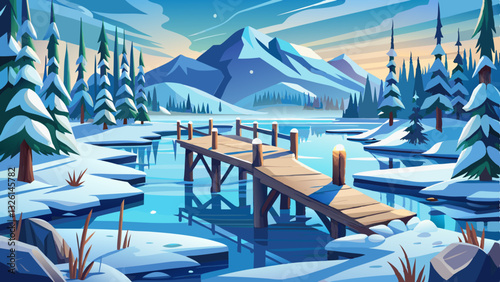 Wooden pier covered in snow and icicles on a frozen lake with a forested shore in the background.