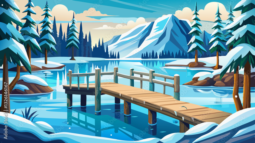 Fototapeta premium Wooden pier covered in snow and icicles on a frozen lake with a forested shore in the background.