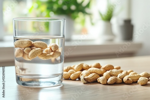 Close up view of a kitchen table with peanuts soaking in water and scattered dry nuts in a bright setting Generative AI photo