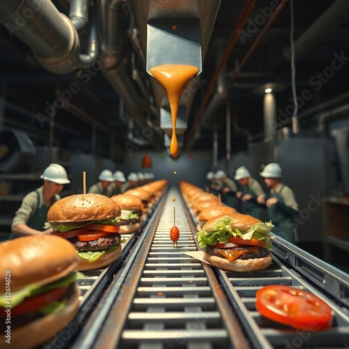 Automated burger production line with industrial workers, sauce dispensing above