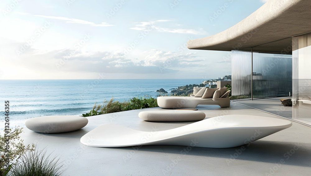 Fototapeta premium A wave-shaped podium with a smooth white finish, placed in an outdoor setting.