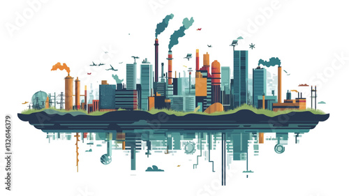 The image is a stylized illustration depicting an industrial cityscape.  It features various buildings, factories with smoke stacks emitting pollution, and a prominent reflection of the cityscape