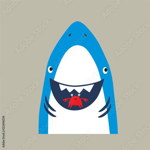 Shark eating crab cartoon hand drawn illustration 