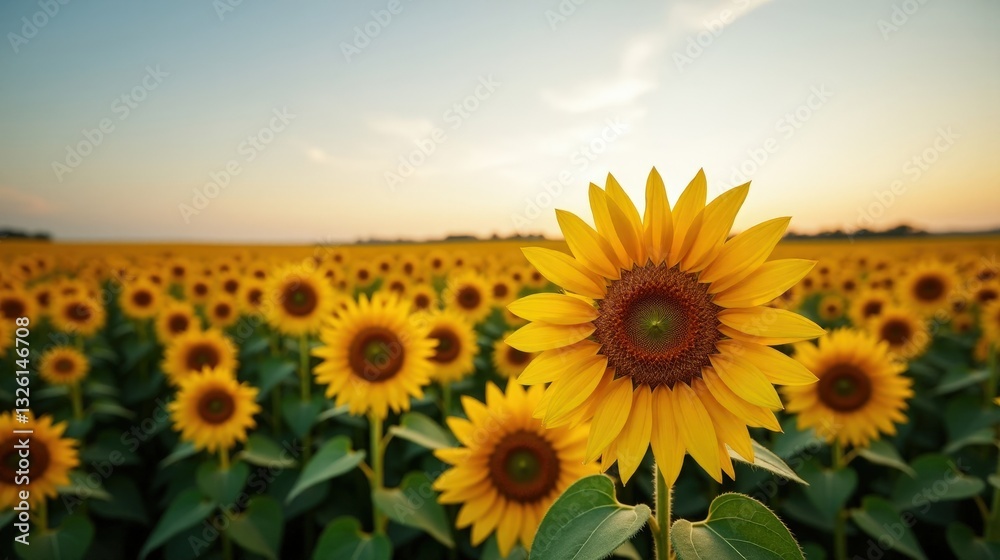 Fototapeta premium A vast sunflower field stretching to the horizon under a brilliant blue summer sky, golden petals swaying in a warm breeze, radiating warmth and joy.