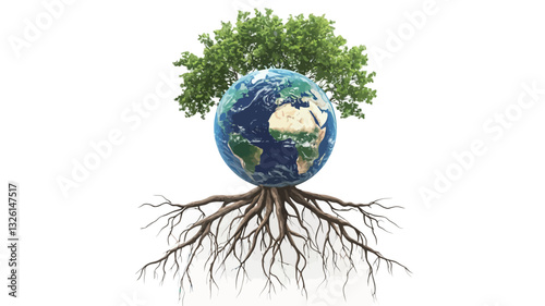 A digital illustration depicting a stylized Earth globe, appearing as the trunk of a tree.  The globe is detailed with continents and oceans. Lush green leaves form a full crown atop the globe.