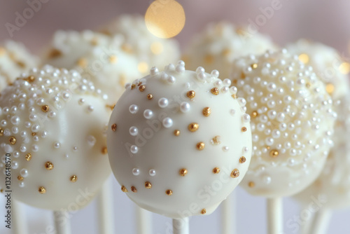 Delicious white chocolate cake pops decorated with gold and pearls sprinkles