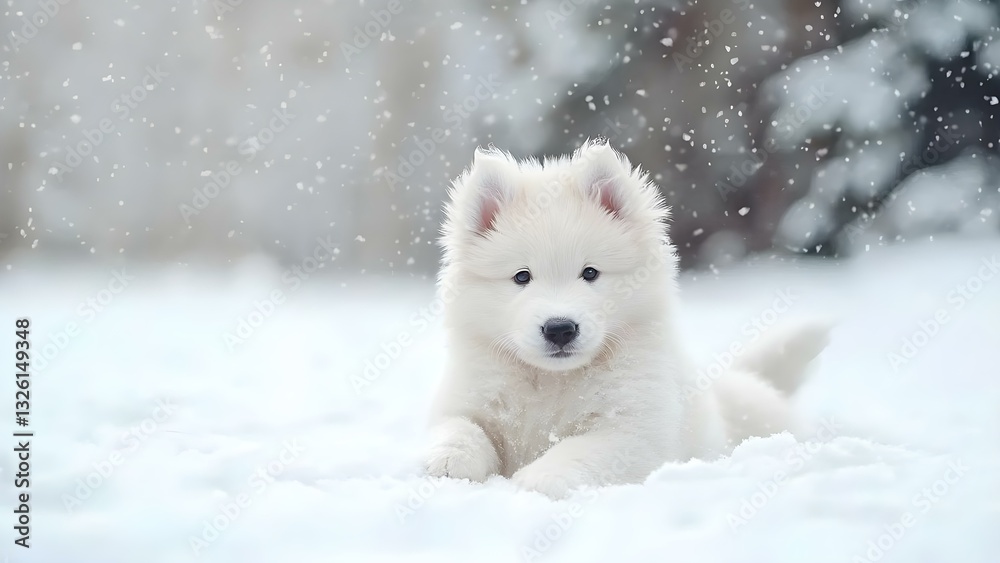 A fluffy white puppy playing in the snow, surrounded by falling snowflakes. Concept Fluffy Puppy, Snowy Wonderland, Playful Adventure, Winter Fun, Falling Snowflakes