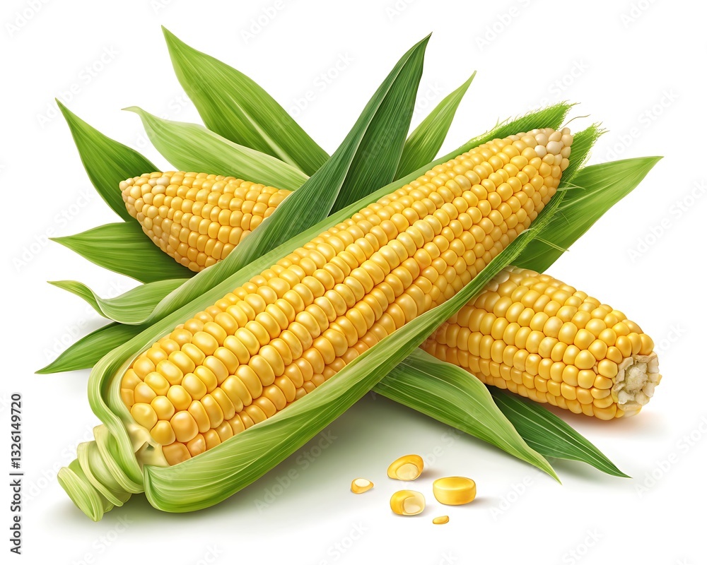 Obraz premium Golden Summer Corn, Freshly Picked And Bursting With Sweetness, Nestled In Vibrant Green Husks Against A Pure White Background