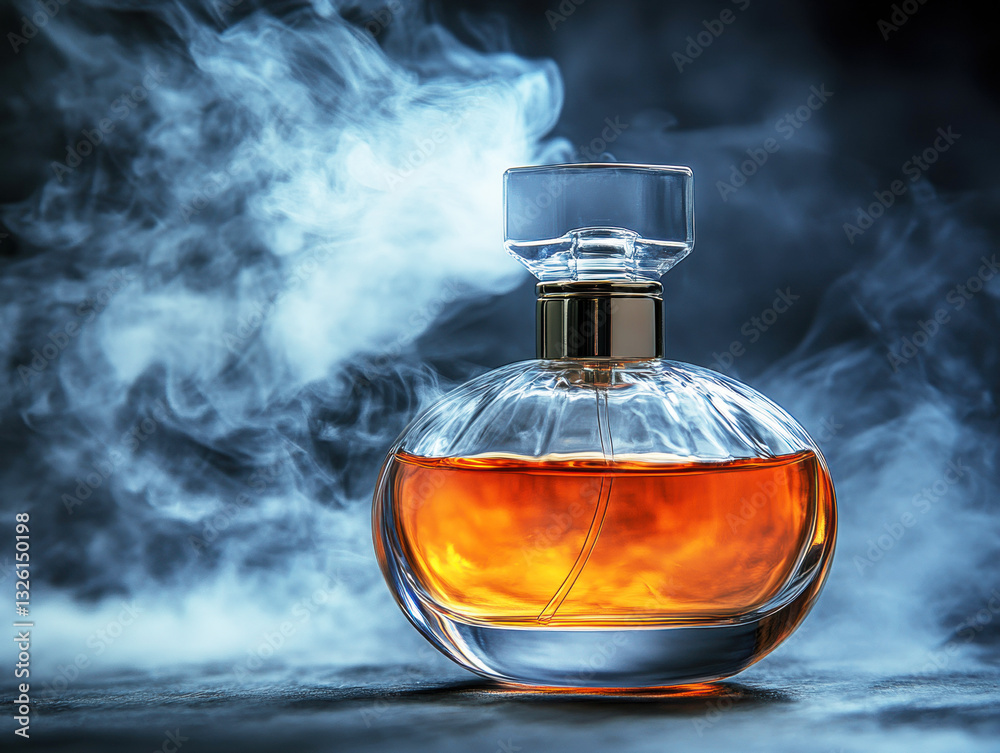 Elegant perfume bottle with swirling mist in soft lighting Elegant perfume bottle with swirling mist in soft lighting