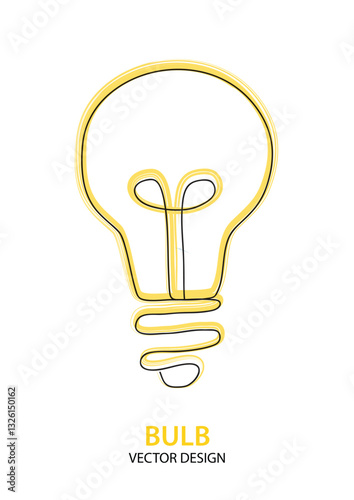 bright yellow colored black pen continuous line light bulb vector illustration isolated on white background with copy space	