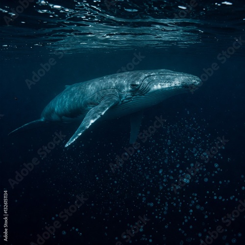 A Massive, Elderly Blue Whale Gliding Through the Deep Ocean, Surrounded by a School of Tiny, Glowing Jellyfish That Illuminate the Dark Waters Like Floating Lanterns in the Abyss